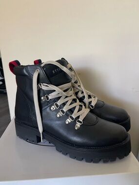 Steve Madden Black Leather Lug-Sole Lace-Up Boots with Cream Laces